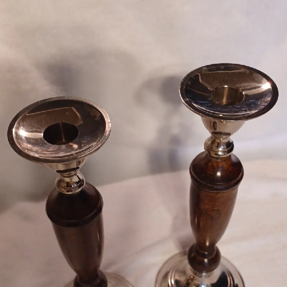 Vintage Silver Tone and Brown Accent Candlesticks Pair Made In India